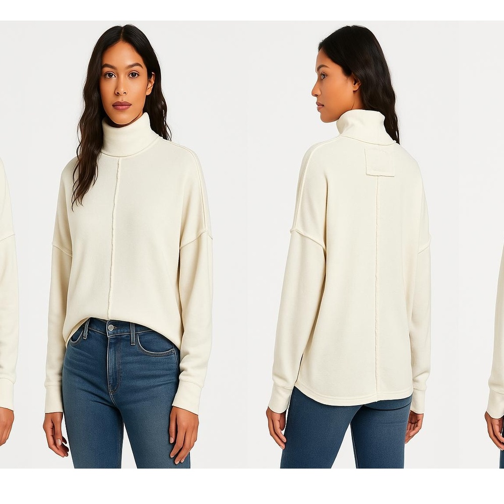 We The Free Boho Turtleneck Sweatshirt Womens Size S Ivory Exposed Seams Cotton